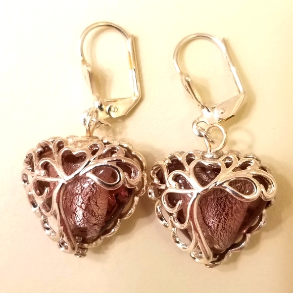 ✅Vecchia Murano Italian Hand-blown heart-shaped purple lilac glass beads earring - Picture 1 of 15
